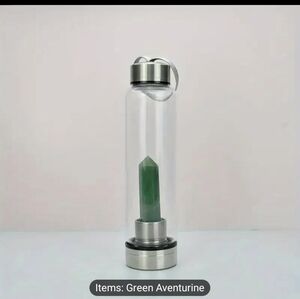 Green aventurine gemstone glass water bottle with a black sleeve